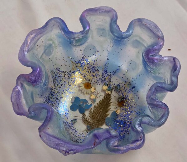 Decorative Resin Bowl in Blues, Sea Greens, and Whites – Floral Decor with Sparkling Elegance - Image 2